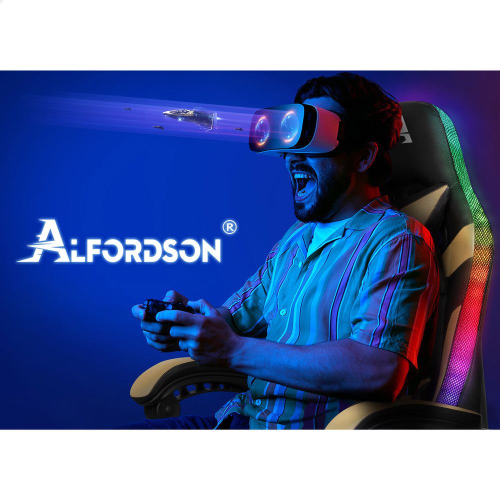 ALFORDSON Gaming Chair Office Massage 12 RGB LED Computer Seat PU Leather Gold