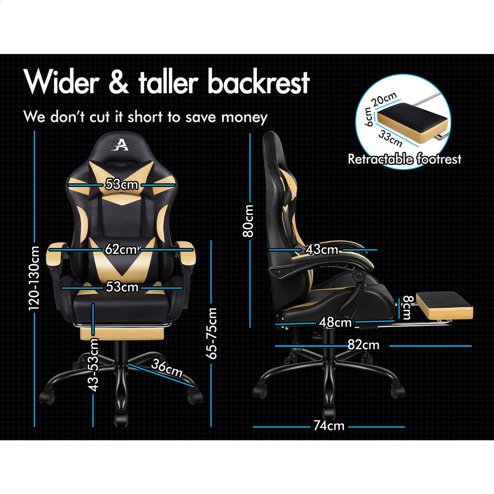 ALFORDSON Gaming Chair Office Massage 12 RGB LED Computer Seat PU Leather Gold