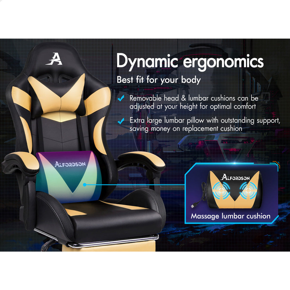 ALFORDSON Gaming Chair Office Massage 12 RGB LED Computer Seat PU Leather Gold
