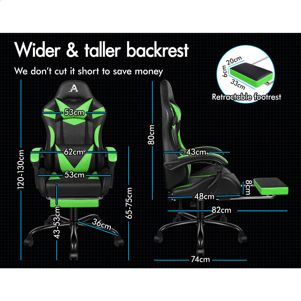 ALFORDSON Gaming Chair Office Massage 12 RGB LED Computer Seat PU Leather Green