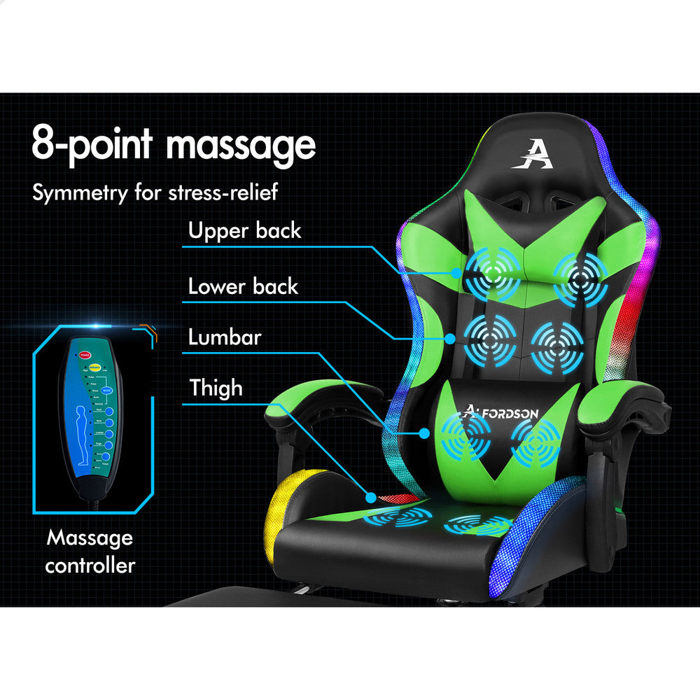 ALFORDSON Gaming Chair Office Massage 12 RGB LED Computer Seat PU Leather Green