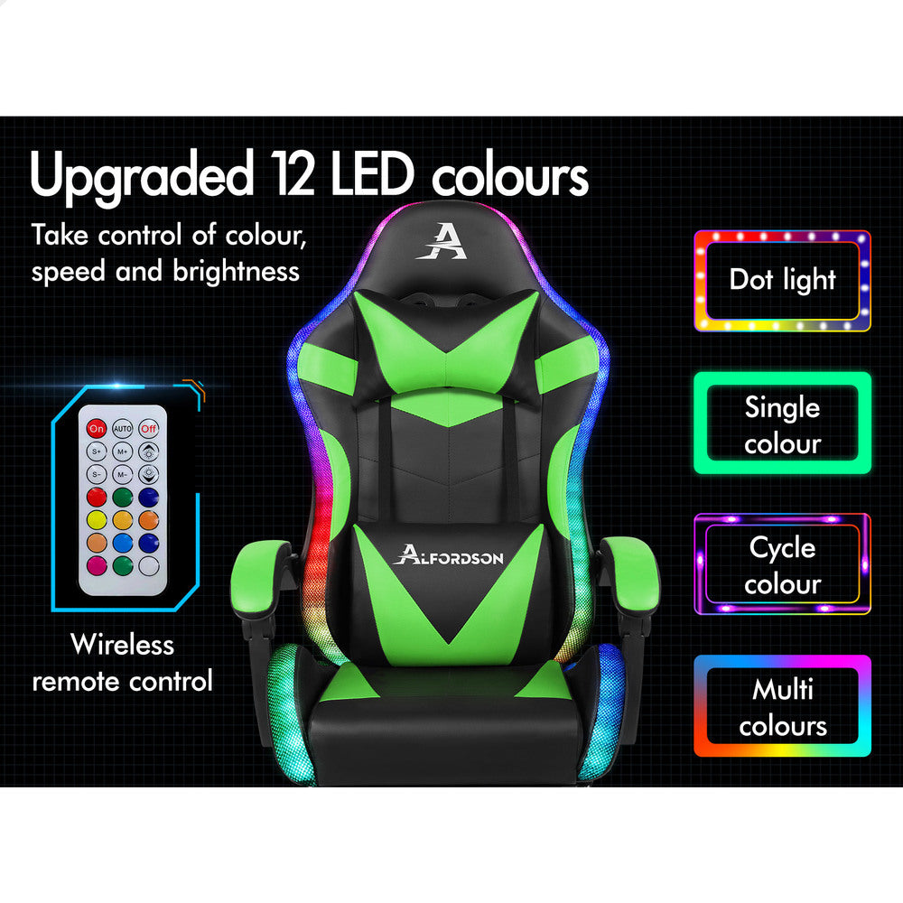 ALFORDSON Gaming Chair Office Massage 12 RGB LED Computer Seat PU Leather Green