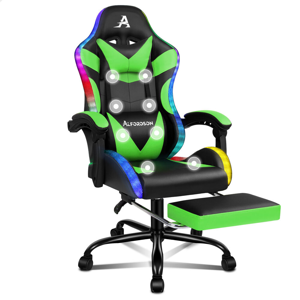 ALFORDSON Gaming Chair Office Massage 12 RGB LED Computer Seat PU Leather Green