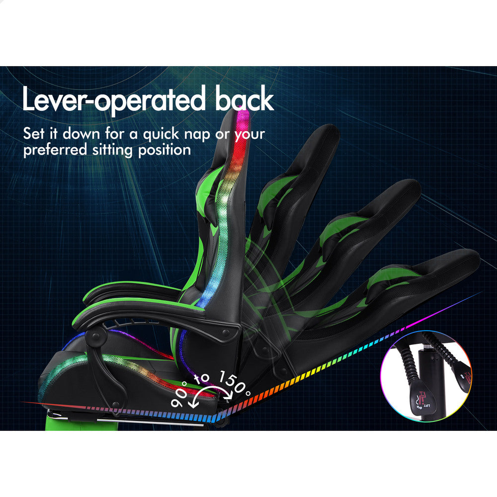 ALFORDSON Gaming Chair Office Massage 12 RGB LED Computer Seat PU Leather Green