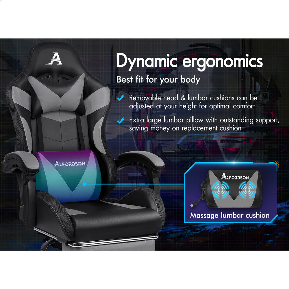 ALFORDSON Gaming Chair Office Massage 12 RGB LED Computer Seat PU Leather Grey