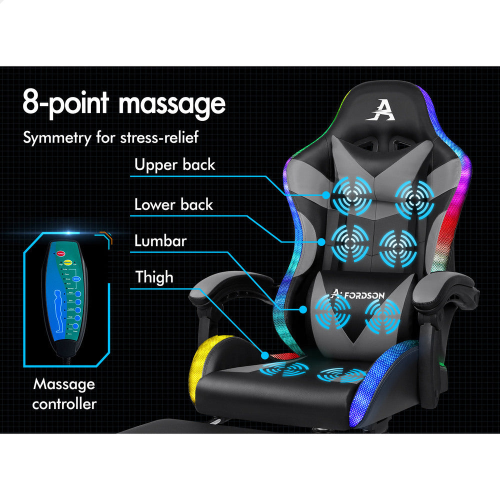 ALFORDSON Gaming Chair Office Massage 12 RGB LED Computer Seat PU Leather Grey