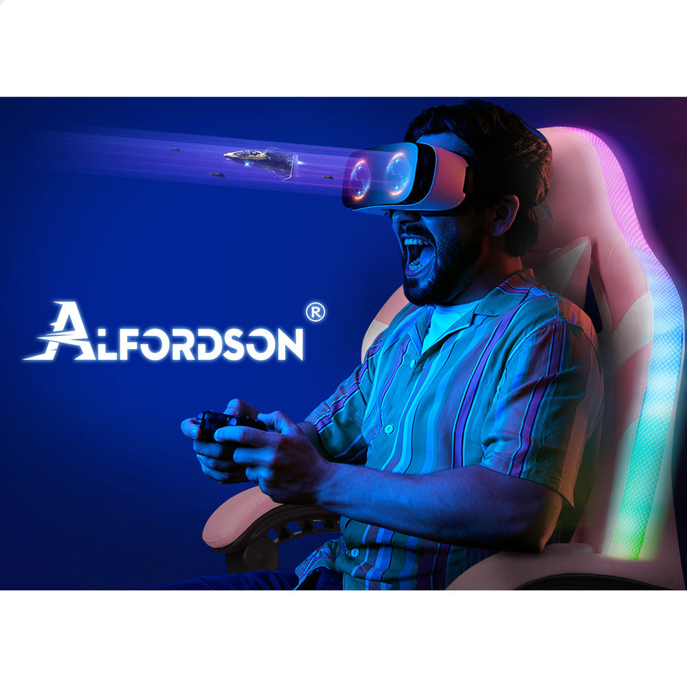 ALFORDSON Gaming Chair Office Massage 12 RGB LED Computer Seat PU Leather Pink