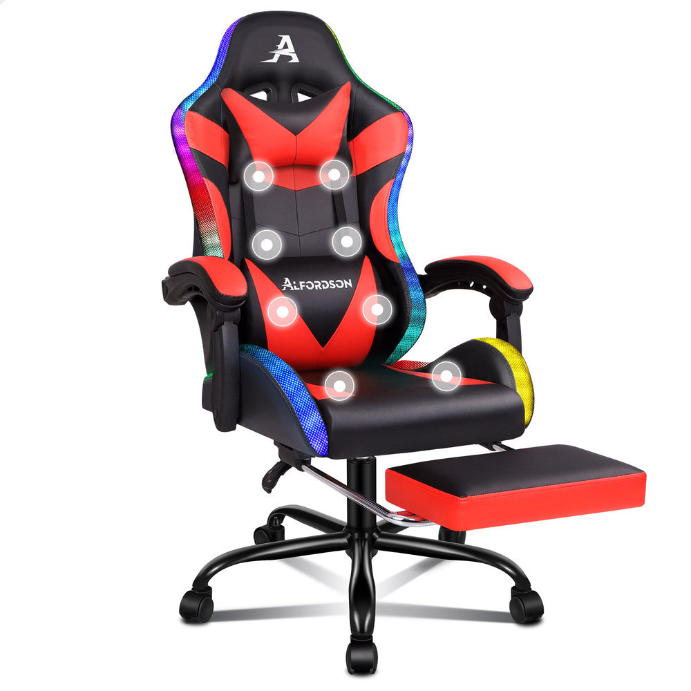 ALFORDSON Gaming Chair Office Massage 12 RGB LED Computer Seat PU Leather Red