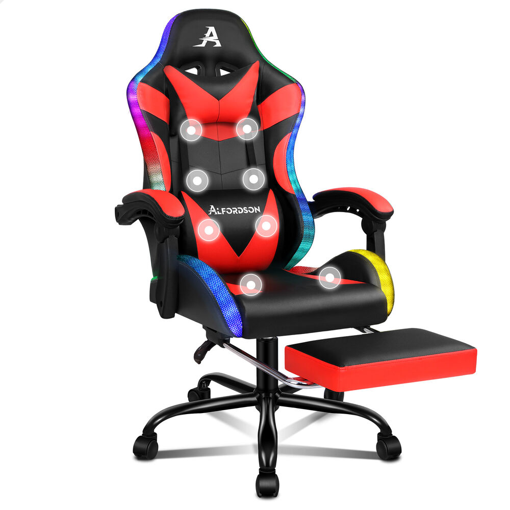 ALFORDSON Gaming Chair Office Massage 12 RGB LED Computer Seat PU Leather Red