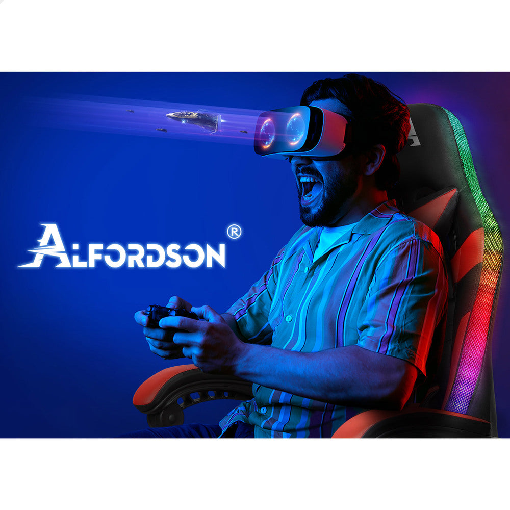 ALFORDSON Gaming Chair Office Massage 12 RGB LED Computer Seat PU Leather Red