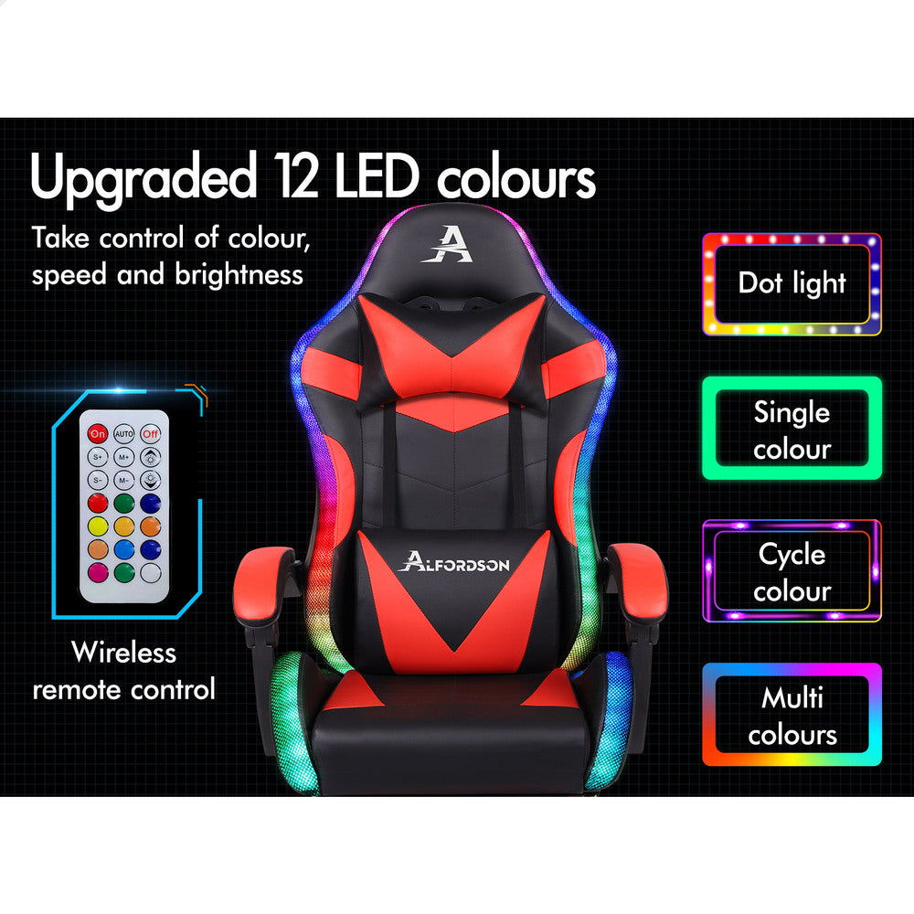 ALFORDSON Gaming Chair Office Massage 12 RGB LED Computer Seat PU Leather Red