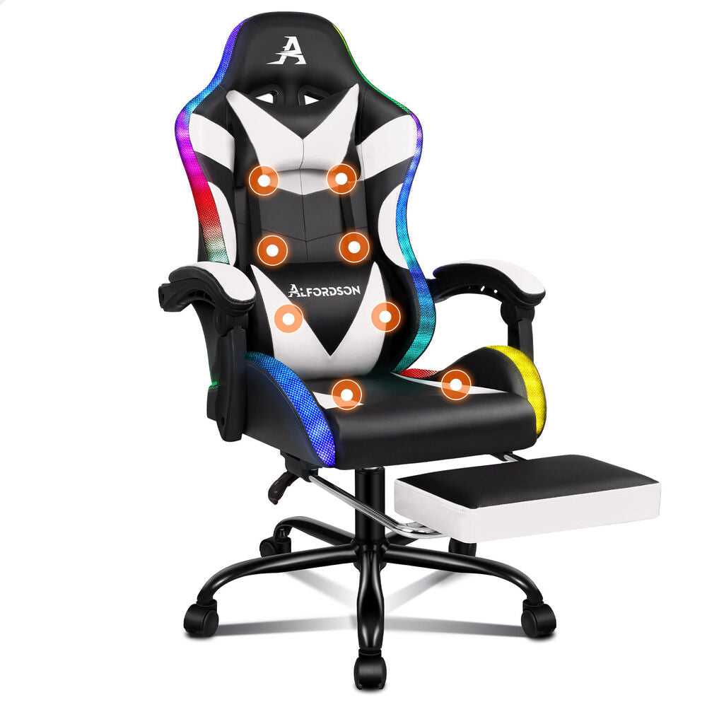 ALFORDSON Gaming Chair Office Massage 12 RGB LED Computer Seat PU Leather White