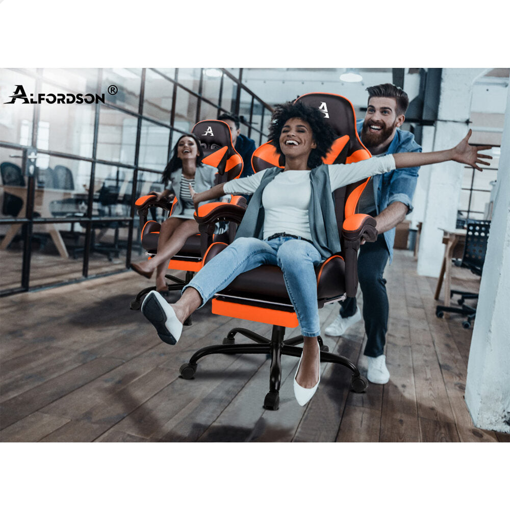 Alfordson Gaming Chair Office Executive Racing Footrest Seat PU Leather Orange