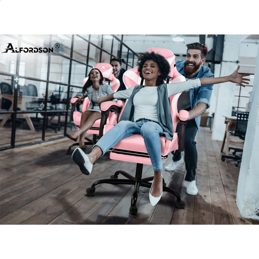 Alfordson Gaming Chair Office Executive Racing Footrest Seat PU Leather Pink