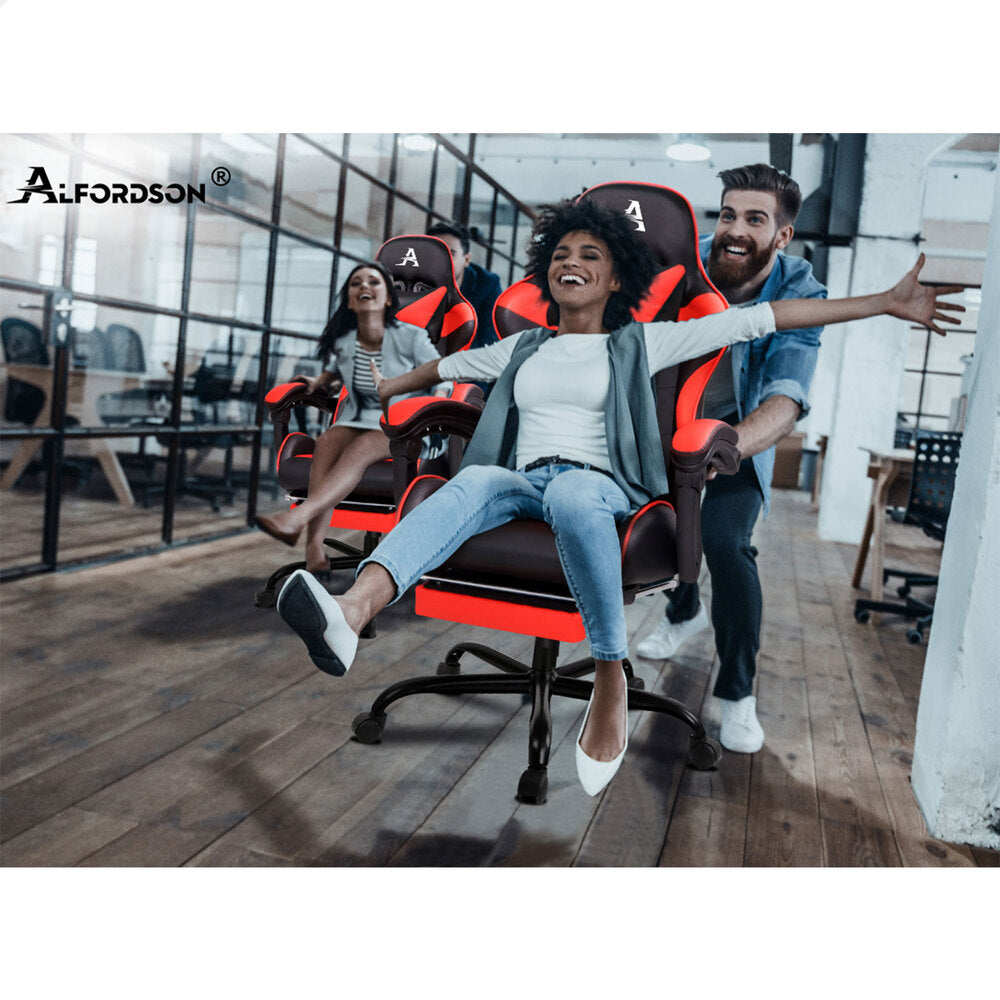 Alfordson Gaming Chair Office Executive Racing Footrest Seat PU Leather Red