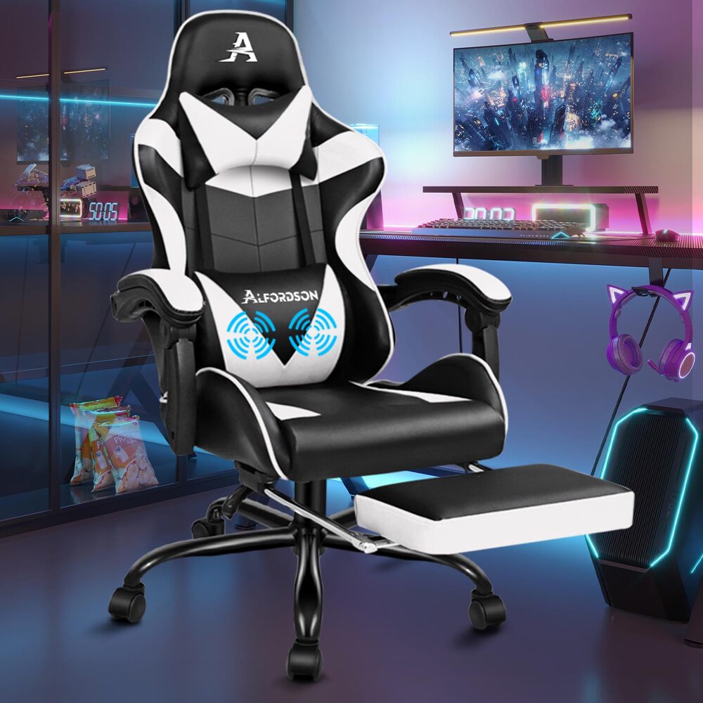 Alfordson Gaming Chair Office Executive Racing Footrest Seat PU Leather White