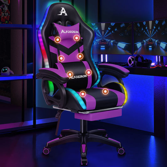 ALFORDSON Gaming Office Chair 12 RGB LED Massage Computer Seat Footrest Purple