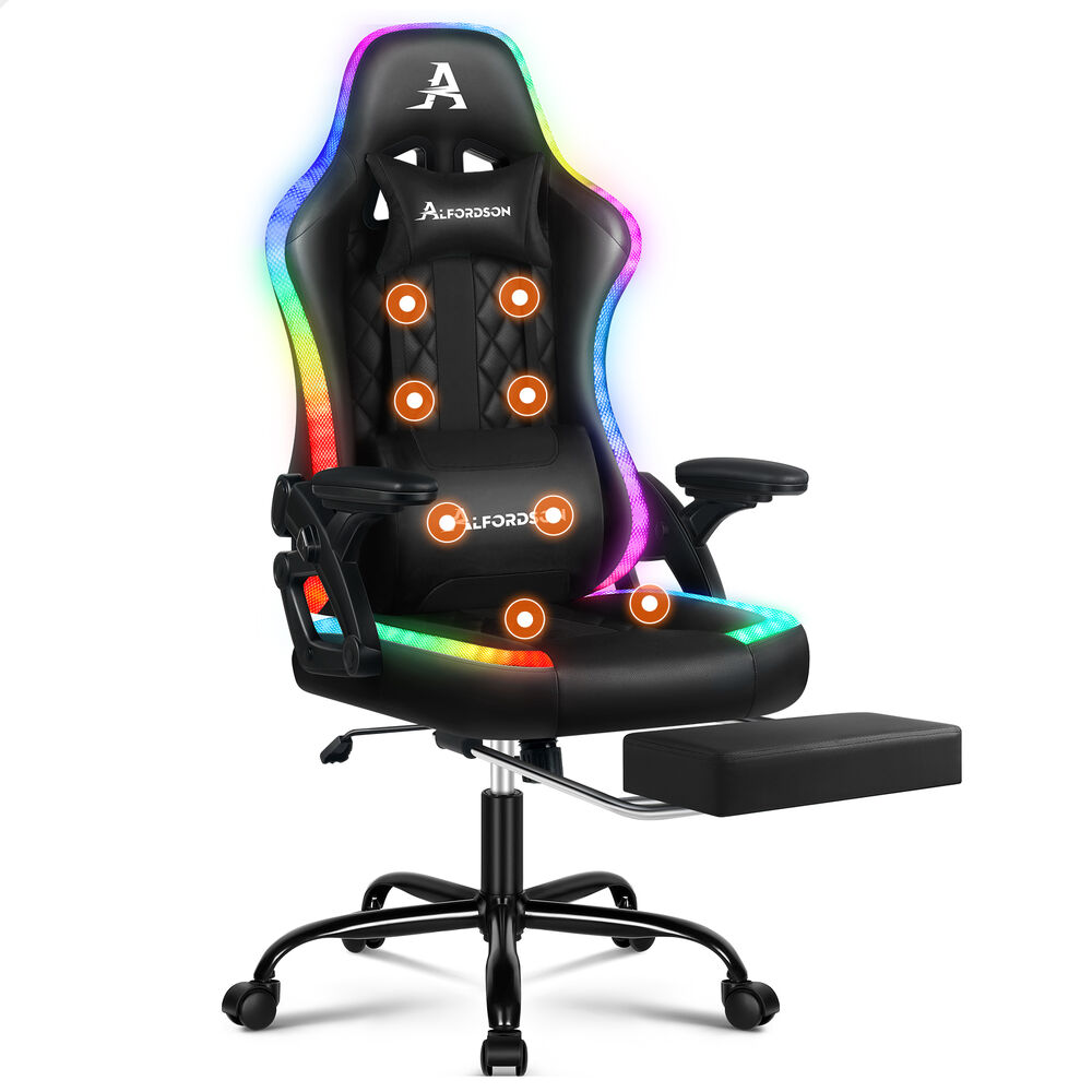 ALFORDSON Gaming Chair Office Massage 12 RGB LED Computer Seat Leather All Black