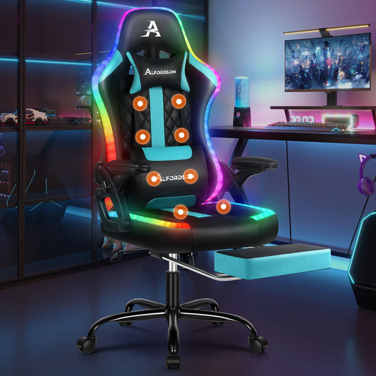 ALFORDSON Gaming Chair Office Massage 12 RGB LED Computer Leather Black & Cyan