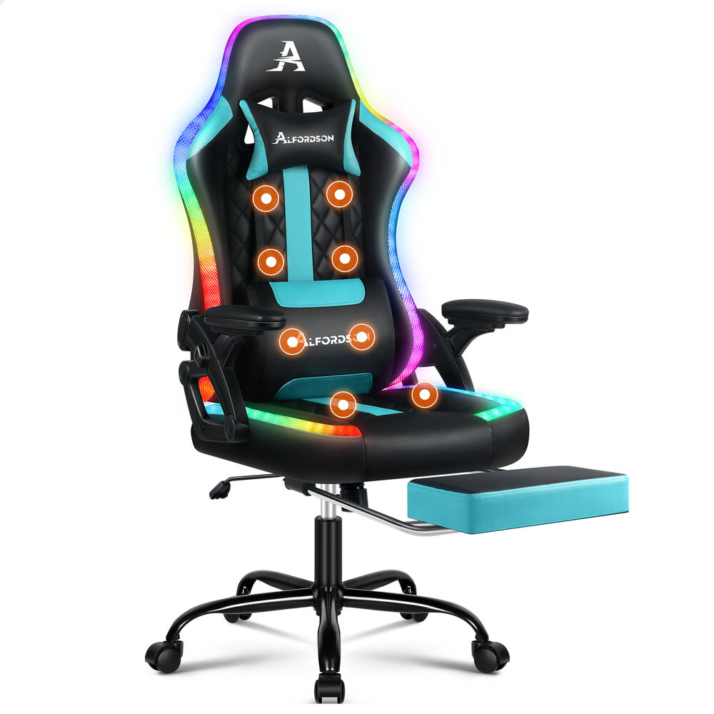 ALFORDSON Gaming Chair Office Massage 12 RGB LED Computer Leather Black & Cyan