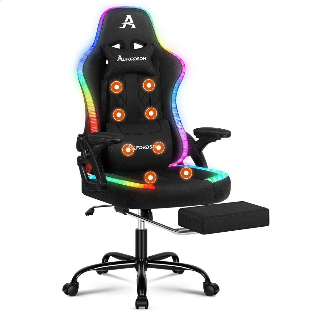 ALFORDSON Gaming Chair Office Massage 12 RGB LED Computer Fabric Black