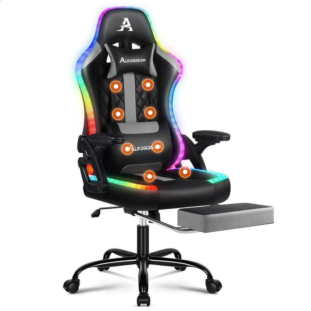 ALFORDSON Gaming Chair Office Massage 12 RGB LED Computer Leather Black & Grey