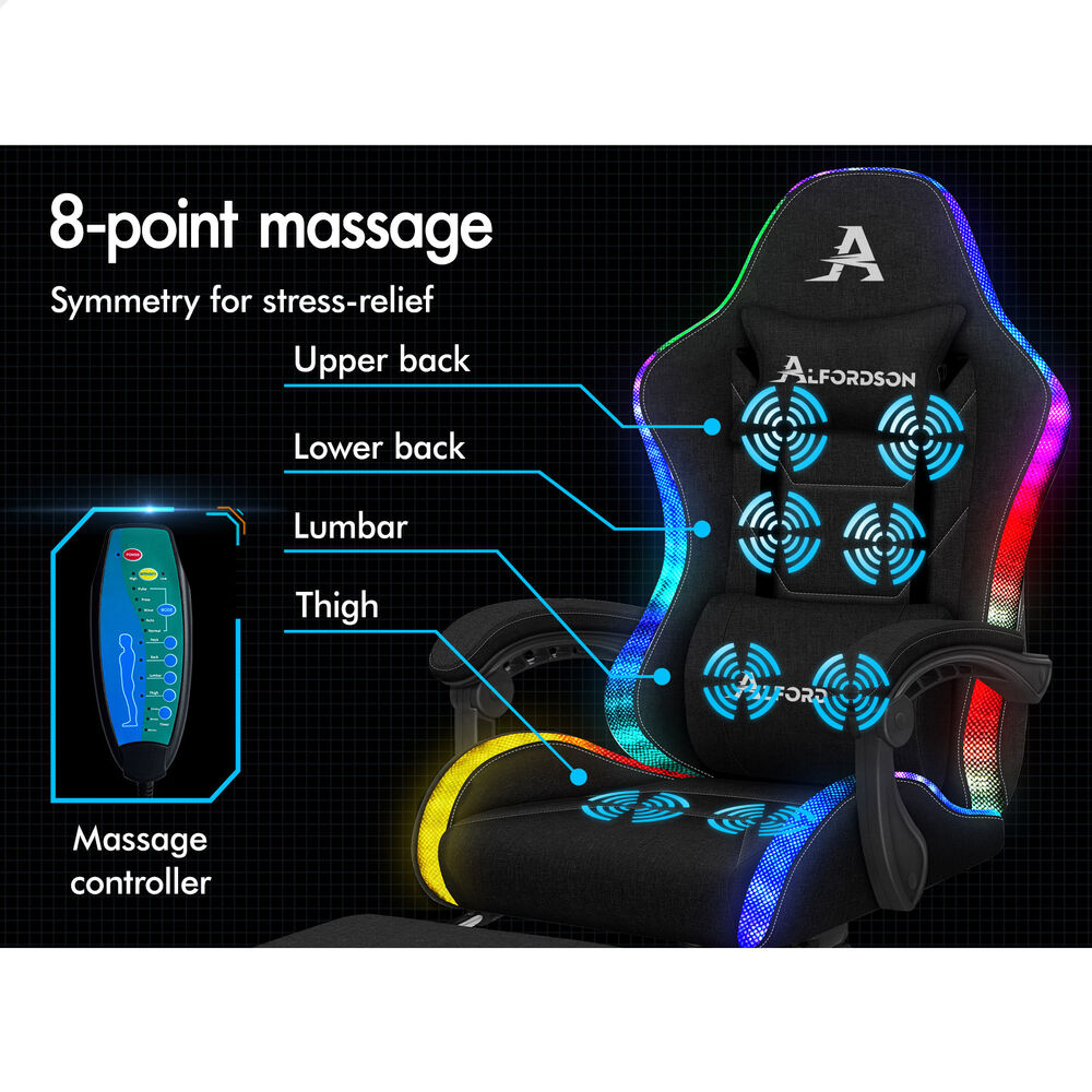 ALFORDSON Gaming Chair Office Massage 12 RGB LED Computer Seat Fabric All Black