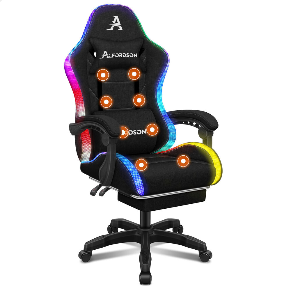 ALFORDSON Gaming Chair Office Massage 12 RGB LED Computer Seat Fabric All Black