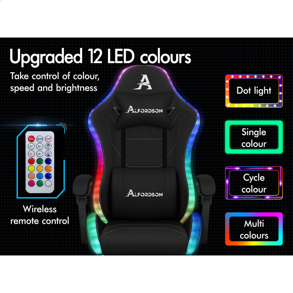 ALFORDSON Gaming Chair Office Massage 12 RGB LED Computer Seat Fabric All Black