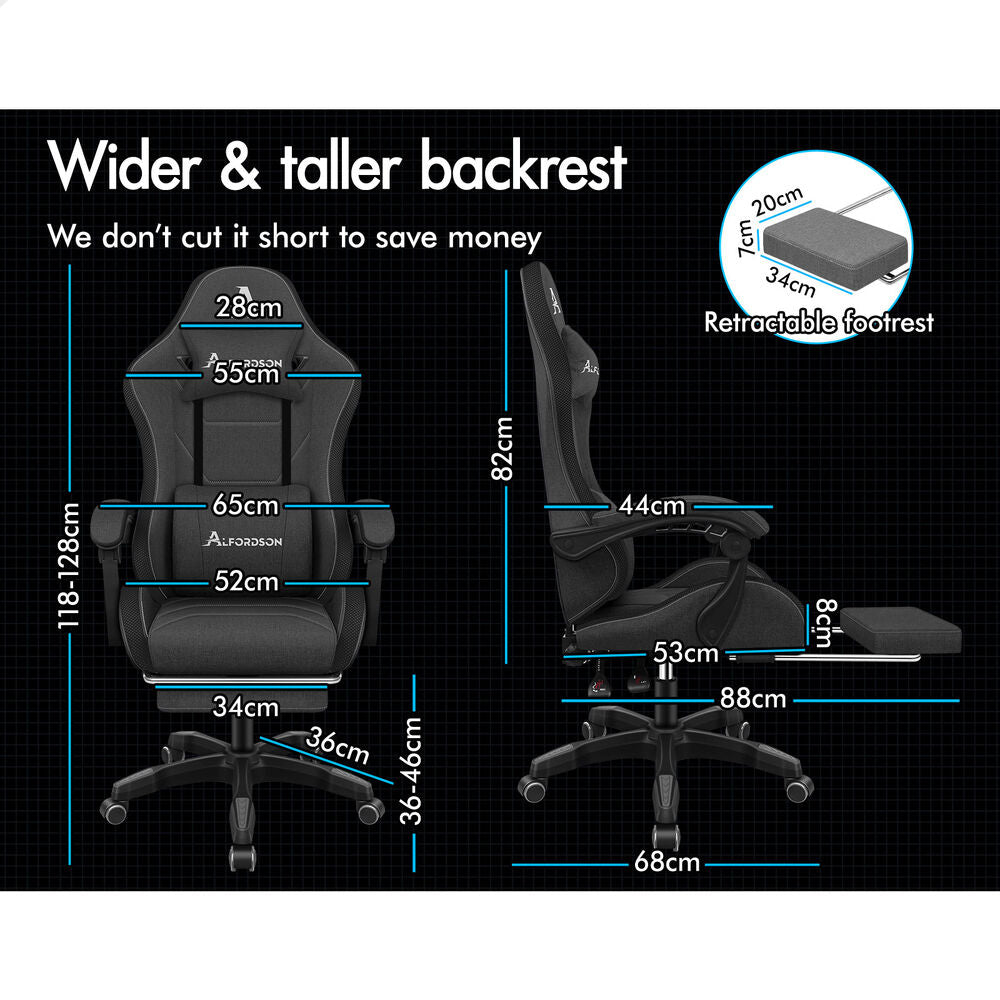 ALFORDSON Gaming Chair Office Massage 12 RGB LED Computer Seat Fabric Dark Grey