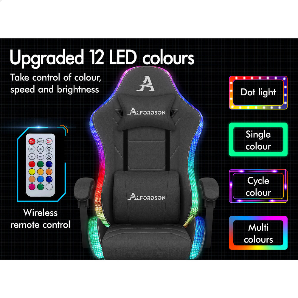 ALFORDSON Gaming Chair Office Massage 12 RGB LED Computer Seat Fabric Dark Grey