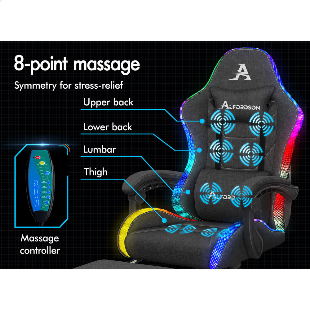 ALFORDSON Gaming Chair Office Massage 12 RGB LED Computer Seat Fabric Dark Grey