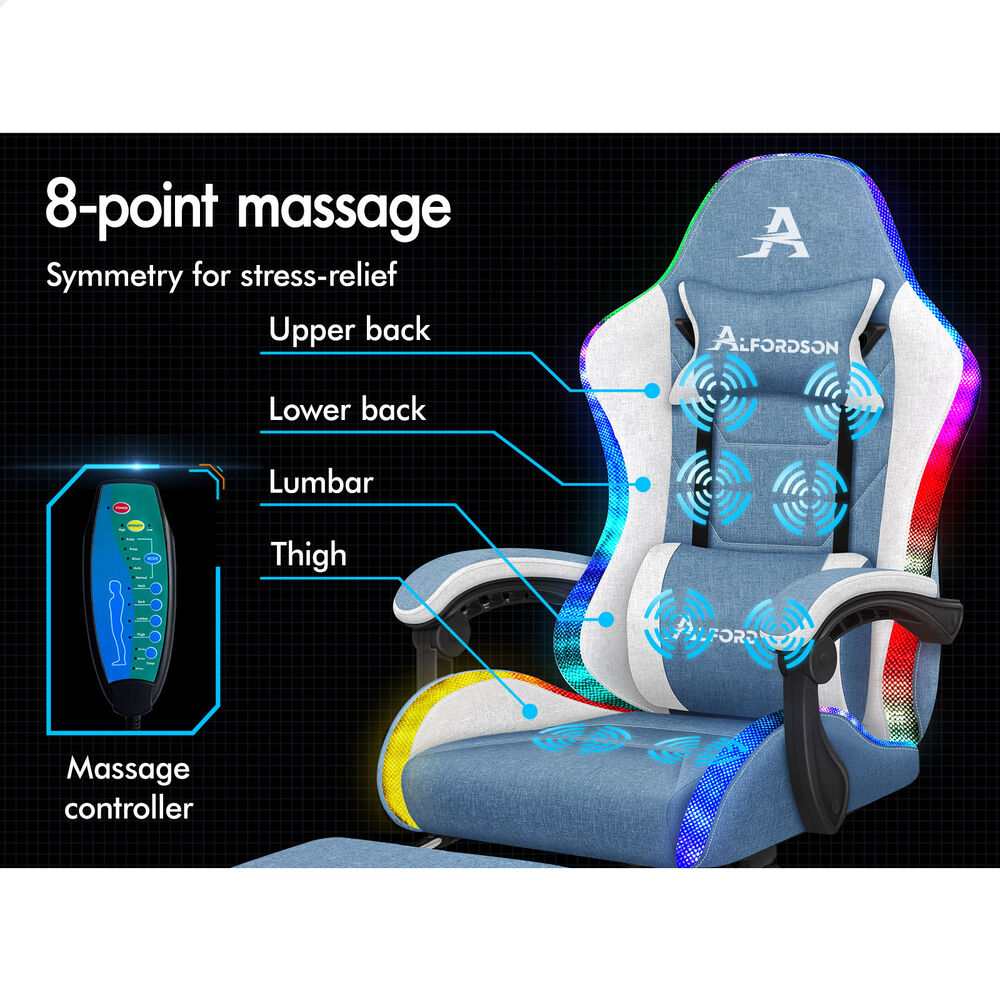 ALFORDSON Gaming Chair Office Massage 12 RGB LED Computer Seat Fabric White Blue