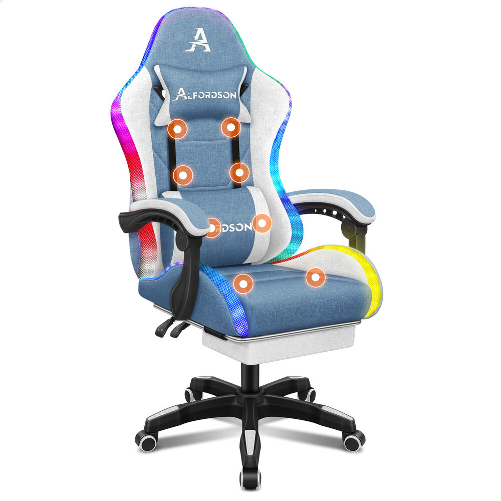 ALFORDSON Gaming Chair Office Massage 12 RGB LED Computer Seat Fabric White Blue
