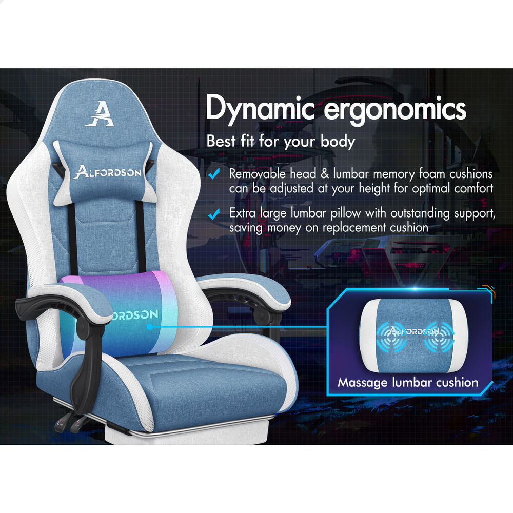 ALFORDSON Gaming Chair Office Massage 12 RGB LED Computer Seat Fabric White Blue