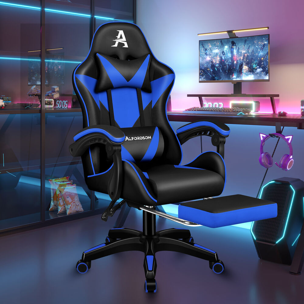 ALFORDSON Gaming Office Chair Massage Computer Footrest Leather Black & Blue