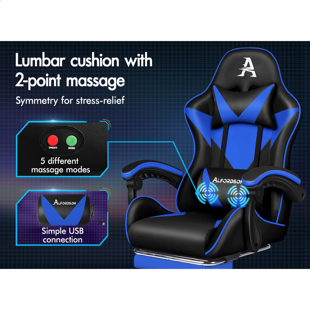 ALFORDSON Gaming Office Chair Massage Computer Footrest Leather Black & Blue