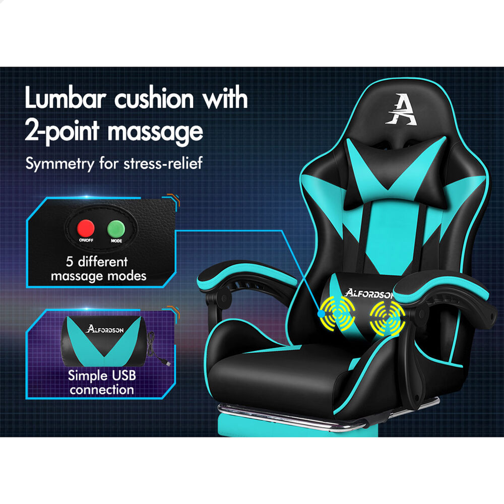 ALFORDSON Gaming Office Chair Massage Computer Footrest Leather Black & Cyan