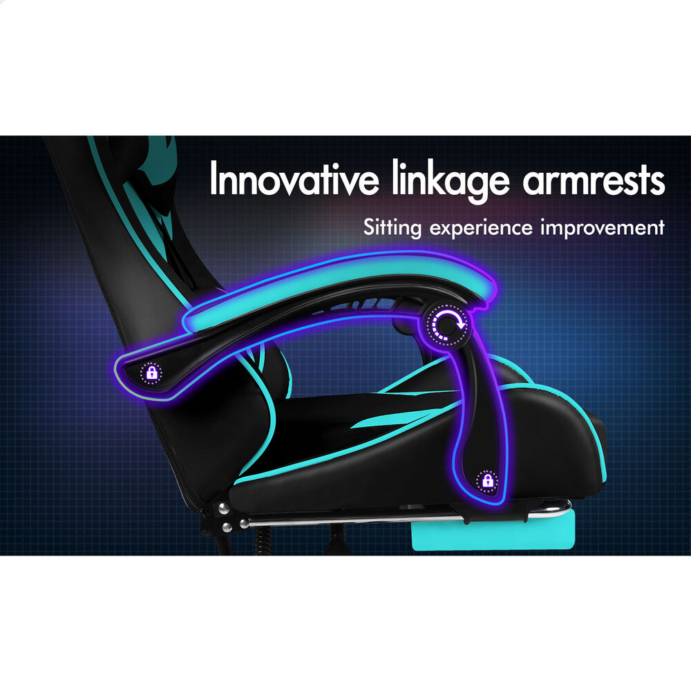 ALFORDSON Gaming Office Chair Massage Computer Footrest Leather Black & Cyan