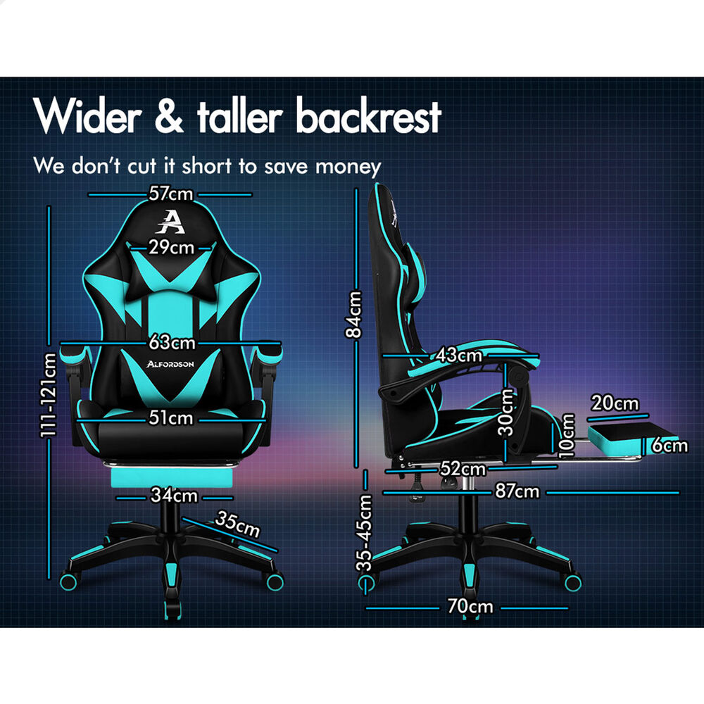 ALFORDSON Gaming Office Chair Massage Computer Footrest Leather Black & Cyan