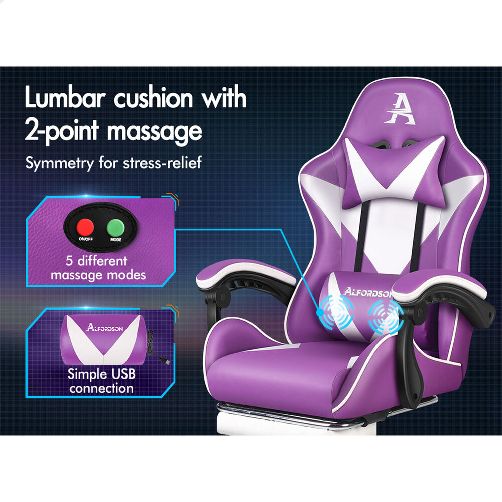 ALFORDSON Gaming Office Chair Massage Computer Footrest Leather Purple & White