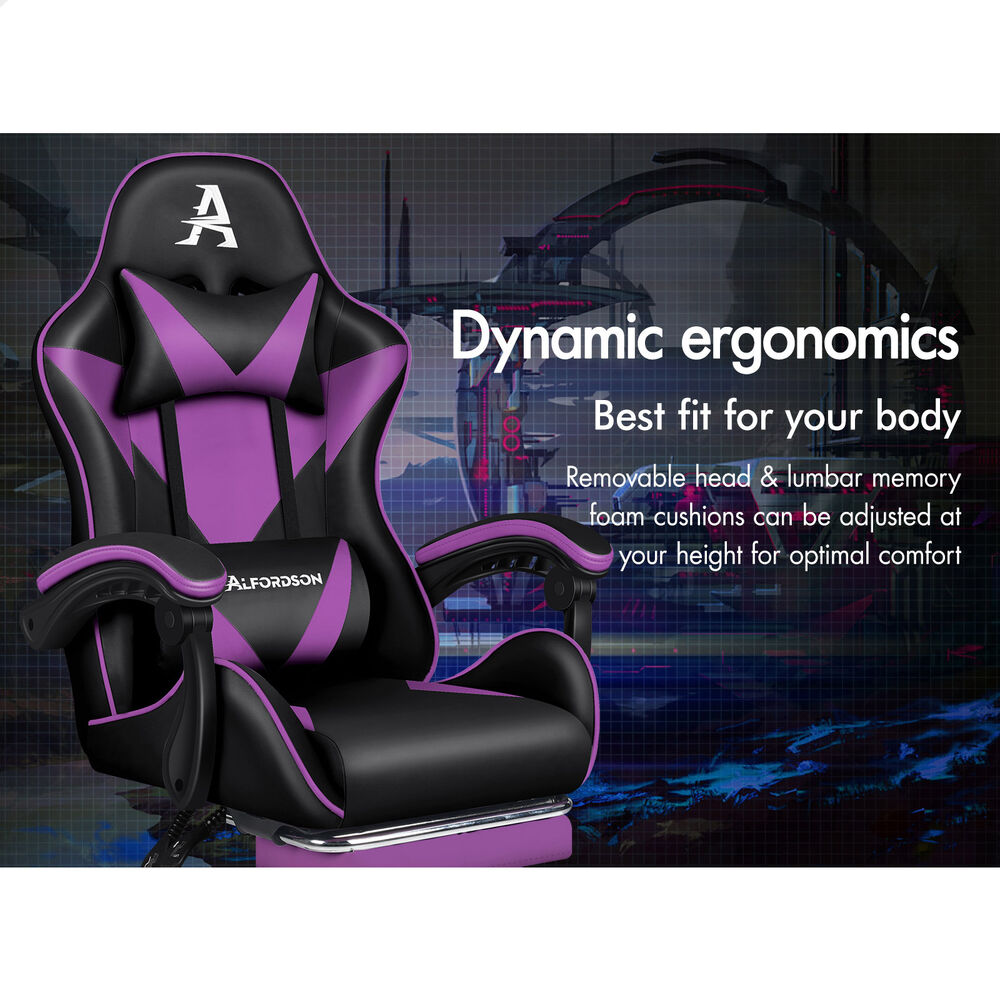 ALFORDSON Gaming Office Chair Massage Computer Footrest Leather Black & Purple