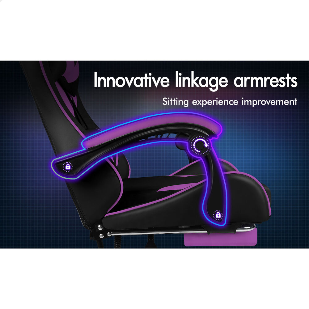 ALFORDSON Gaming Office Chair Massage Computer Footrest Leather Black & Purple