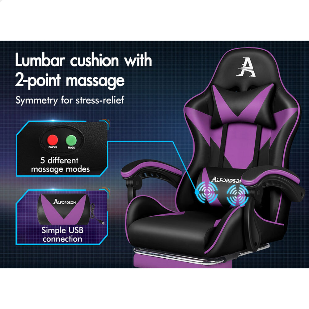 ALFORDSON Gaming Office Chair Massage Computer Footrest Leather Black & Purple