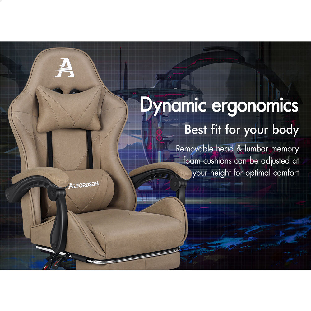 ALFORDSON Gaming Office Chair Massage Computer Footrest Seat Leathaire Khaki