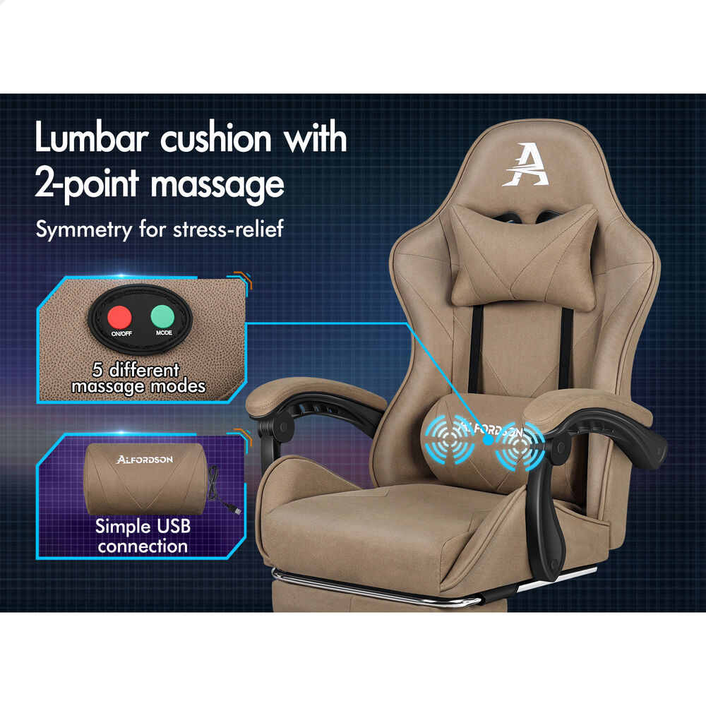 ALFORDSON Gaming Office Chair Massage Computer Footrest Seat Leathaire Khaki