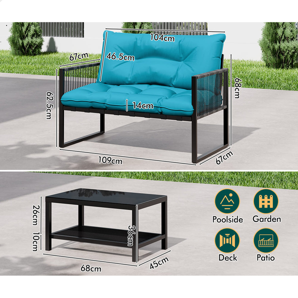 ALFORDSON 2PCS Outdoor Lounge Sofa Set Wicker Furniture Table and Chairs Garden Blue