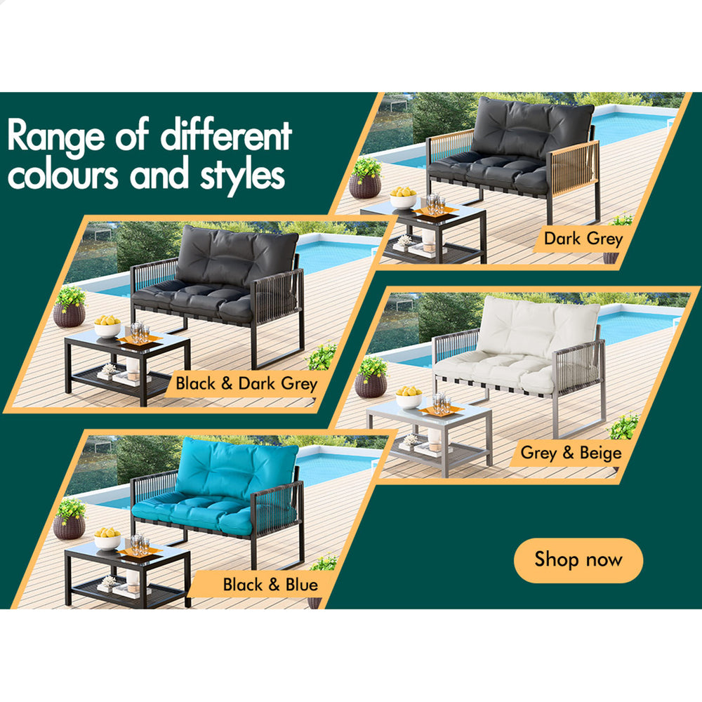 ALFORDSON 2PCS Outdoor Lounge Sofa Set Wicker Furniture Table and Chairs Garden Blue