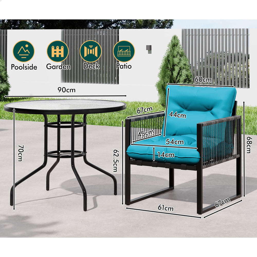 ALFORDSON Outdoor Lounge Set Table and Chairs Patio Furniture Glass Armchair