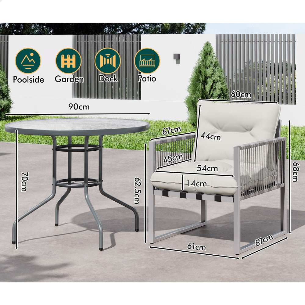 ALFORDSON Outdoor Glass Dining Table Lounge Chairs Patio Furniture Round Wicker
